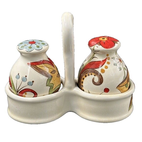 Pier 1 Imports Carynthum Ceramic Salt and Pepper Shaker Set with Caddy Holder - Picture 1 of 10